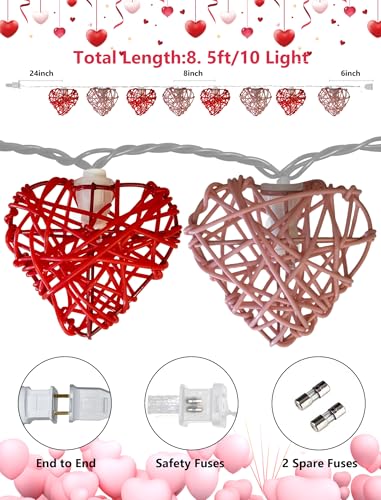 Red and Pink Heart Shape String Lights, 8.5Ft Valentine's Day String Lights with 10 LED Heart Lights, Plug in Hanging Valentines Window Fairy Lights for Indoor Outdoor Wedding Party Valentine Decor - color: Pink Red Heart