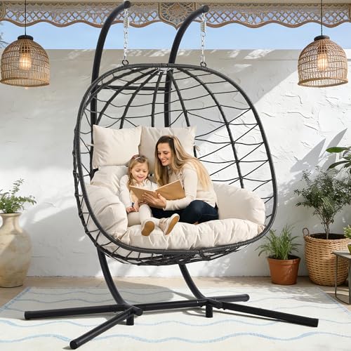 Double Outdoor Hanging Egg Chair with Stand & Oversized Cushion, 700LBS Capacity Heavy-Duty Patio Swing Hammock Chair, Thickened Metal Frame for Garden, Balcony, Bedroom (Beige, Grand) - color: Beige, size: Grand