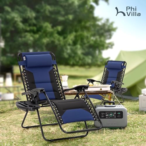 PHI VILLA Zero Gravity Chair Set of 2, Padded Anti Gravity Recliner, Oversized 28" Wide Seat, Foldable Patio Lounger with Armrest & Cup Holder, Supports 400 LBS (Blue Black) - color: Blue