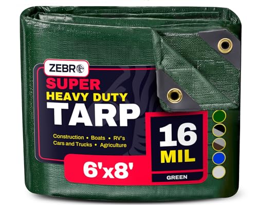 6' x 8' Green Heavy Duty Tarp with Grommets Reinforced - 16 Mil Thick - Double Sided Plastic Tarps Waterproof - Large Tarpaulin Cover for Outdoor Camping Over/Under Tent Tarp RV Roof Rain - Zebro - color: Green, size: 6' x 8'