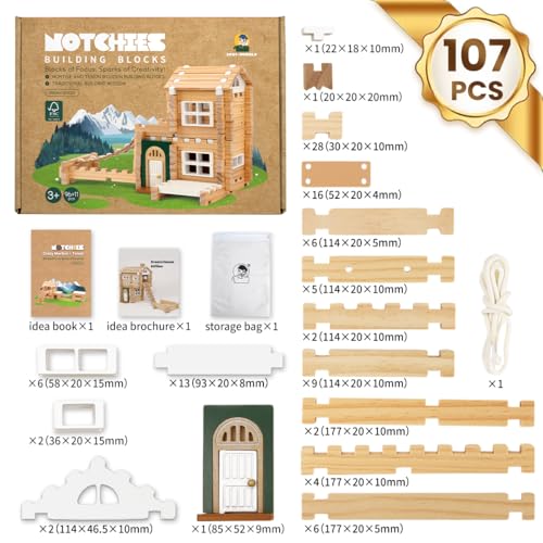 Jovi-mindly＆Notchies Building Blocks Set Wooden Blocks Toys (107 pcs) with Storage Bag, Educational Classic Wooden Blocks for Toddlers Ages 3+ Boys and Girls Aged Birthday Gift (with Printed Manual) - style: Dream House With Printed Manual