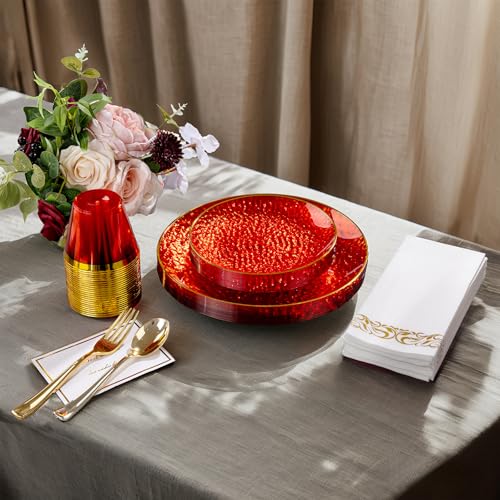 DaYammi 350PCS Clear Red Gold Plastic Dinnerware Set for 50 Guests, Hammered Disposable Plates for Party, Include: 50 Dinner Plates, 50 Dessert Plates, 150 Gold Silverware, 50 Napkins, 50 Cups - color: Clear Red, size: 350 Pcs