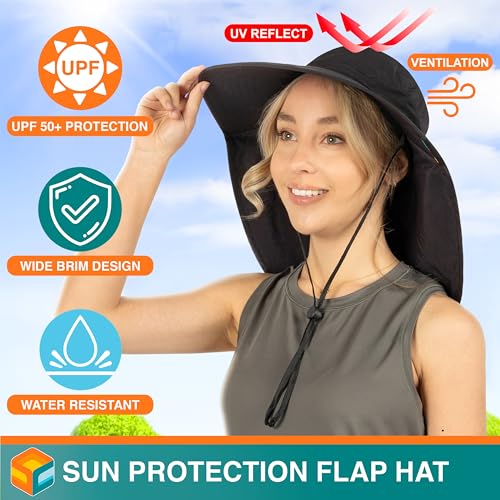 SUN CUBE Wide Brim Sun Hat with Neck Flap, UPF50+ Hiking Safari Fishing Hat for Men Women, Sun Protection Beach Hat - color: Black With Bow