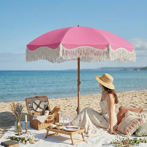 7ft Patio Umbrella with Fringe, Boho Beach Umbrellas, Outdoor Tassels Umbrellas with Push Button Tilt & Carrying Bag, 8 Windproof Fiberglass Ribs, UPF50+ - color: Rose Pink