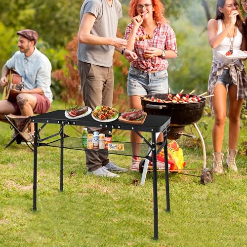 Folding Camping Table with Storage Net,3ft Portable Aluminum Folding Table with 3 Adjustable Height Max 27.3 Inch for Outdoor Backyard BBQ Picnic Cooking Tents Beach Indoor Bedroom（Black） - color: Black