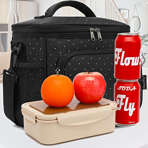 FlowFly Insulated Reusable Lunch Bag Adult Large Lunch Box for Women and Men with Adjustable Shoulder Strap,Front Zipper Pocket and Dual Large Mesh Side Pockets,Dot - color: Dot
