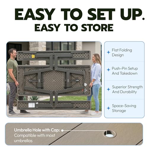 LIFETIME 6-Foot Folding Picnic Table with Benches, Seats 8, Heavy-Duty HDPE Tabletop, Steel Frame, Weather & UV Resistant Outdoor Picnic Table with Umbrella Hole