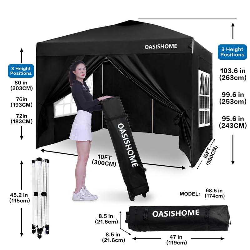 OASISHOME Pop-up Gazebo Instant Portable Canopy Tent 10'x10', with 4 Sidewalls, Windows, Wheeled Bag, for Patio/Outdoor/Wedding Parties and Events (10FTx10FT, Black) - color: Black