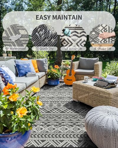 MontVoo Outdoor Rug Carpet Waterproof 10x14 Outdoor Patio Rug Mat Reverisble Plastic Straw Outdoor Rugs for RV Camping Picnic Beach Balcony Boho Grey Large - color: Grey, size: 10' x 14' (Rectangular)