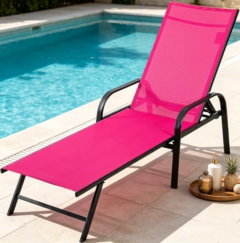 DUMOS Outdoor Lounge Chaise, 5-Position Chaise Lounge with Armrests, Sun Tanning Chair 350 lbs Heavy Duty Patio Pool Chair, Waterproof Sun Lounger for Deck, Backyard, Beach, Rose Pink - color: Rose Pink