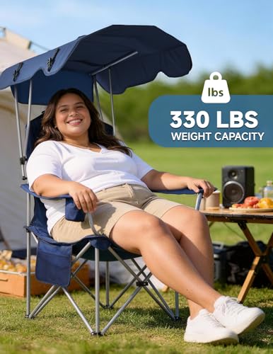 East Oak Camping Chair with Canopy | 25" High Back Folding Beach Chair with Canopy Shade, Supportive Headrest, Cup Holder, Side Pocket, 330 lbs Heavy Duty Canopy Chair for Outdoors - color: Blue, style: Camp Chair