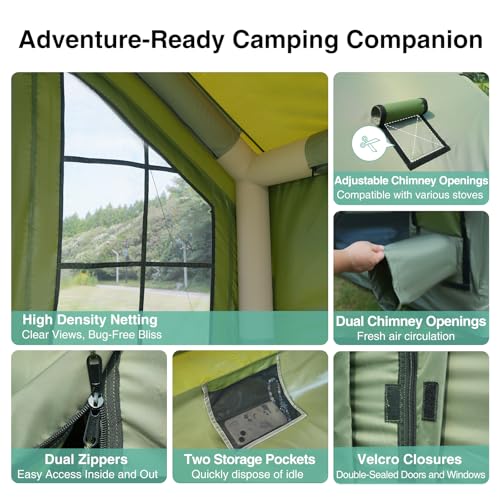KNUO Inflatable Camping Tent, Large Blow-Up Air Tent, No Assembly Needed Luxury Glamping House, Oxford Fabric - color: Field Green-Dual-layer Doors, size: 10x10ft