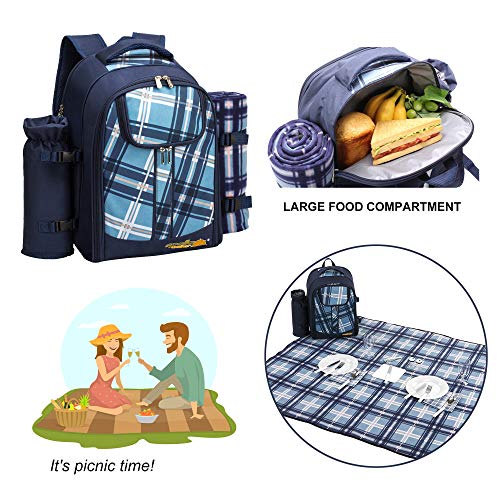 Apollo Walker Picnic Backpack Bag for 2 Person with Cooler Compartment, Detachable Bottle/Wine Holder, Fleece Blanket, Plates and Cutlery (Blue) - color: Blue, size: 2 Person
