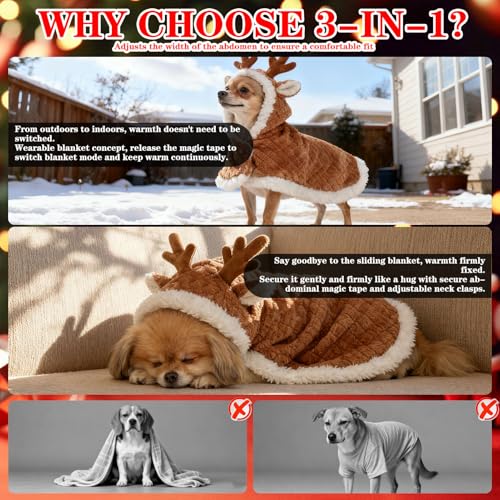 EXPAWLORER Dog Christmas Costume Winter Coat with Hat, Fleece Warm Elk Pet Cloak Cape Blanket with Antlers for Cold Weather, Thicken Dog Sweater Jacket Clothes for Small Medium Large Dogs Cats Brown M - color: Elk Brown, size: Medium