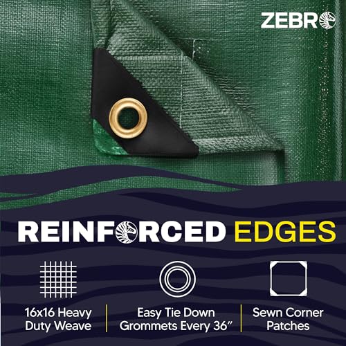 10' x 12' Green Heavy Duty Tarp with Grommets Reinforced - 16 Mil Thick - Double Sided Plastic Tarps Waterproof - Large Tarpaulin Cover for Outdoor Camping Over/Under Tent Tarp RV Roof Rain - Zebro - color: Green, size: 10' x 12'