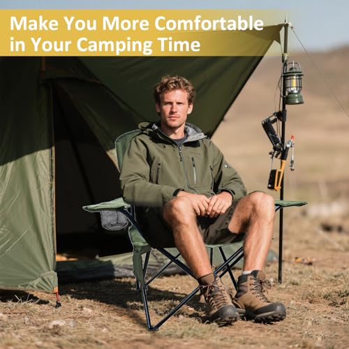 Folding Camping Chair with Cup Holder & Storage Bag, 225lbs Capacity, Large Anti-Sink Feet, Breathable PE Coated Fabric for Outdoor, Hiking, Beach, Fishing, Backpacking, Green - color: Green, style: 1PACK