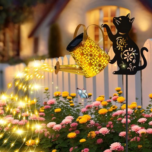 Solar Lights Outdoor Decorative, Watering Can with Cascading Lights, with Cat Silhouette Garden Stakes, Gifts for Mom Women, Waterproof Metal Garden Decor for Yard Art, Outside, Patio, Lawn Ornaments - color: Cat 1 Pack