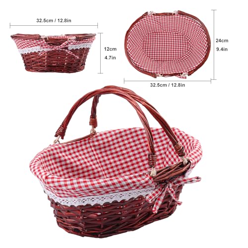 2 Pack 12.6 Inch Brown Wicker Basket with Checkered Lining, Oval Wicker Woven Basket with Handle, Willow Woven Picnic Baskets for Picnic, Camping, Party(Small) - size: 2 Pack 12.6in Brown