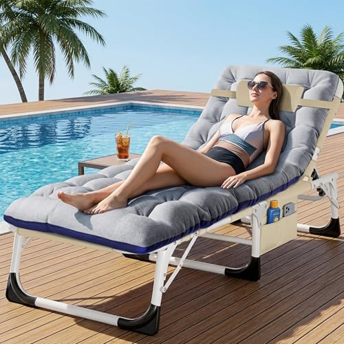 ABORON 4-in-1 Lounge Chair with Face & Arm Holes for Tanning, 440LB Heavy-Duty Folding Recliner with Plush Cotton Cushion, No Assembly Tri-Fold Guest Bed for Sunbathing, Poolside, Office Nap & Camping - color: Golden Dune With Pad Extra Wide