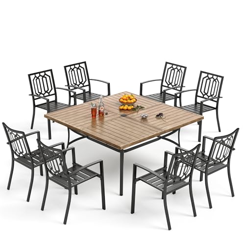 PHI VILLA 9 Pieces Outdoor Dining Set for 8, 57.5" Brown Square Iron Table with Umbrella Hole & Stackable Black Metal Steel Chairs, Large Outside Furniture Set for Patio, Deck, Yard, Porch - color: Hexagon Back Chair, size: 9PCS-57.5" Wood-like Table