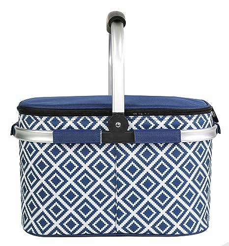 ALLCAMP Picnic Basket - Insulated Cooler, Thickening Foldable Picnic Basket with Removable Baskets & Sewn-in Frame, Basket for House Warming Gifts New Home(Rectangle Blue White) - color: Rectangle Blue White, size: Medium