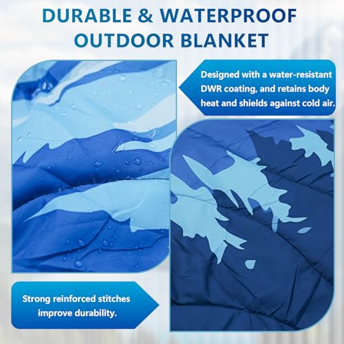 Camping Blanket Waterproof, Packable Down Alternative Puffy Printed Camp Blankets Ultra Warm Lightweight Hammock Top Quilt Outdoor Blanket for Travel Picnic Stadium Hiking Party Cold Weather 55"x78.8" - color: Blue Mountain Blanket