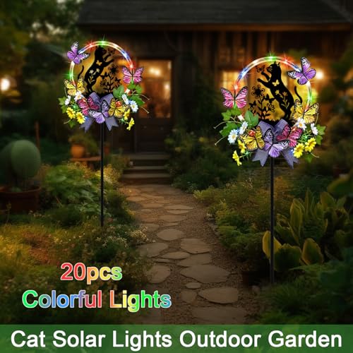 Cat Solar Lights Outdoor Garden,Silhouette Cat with Butterflies Waterproof Garden Stake for Yard, Lawn,Best Gifts for Women - color: Black Cat