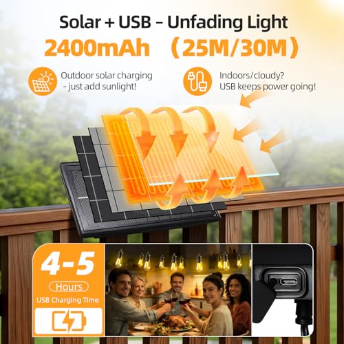 Solar Lights Outdoor Patio Lights: S14 30M 100FT Solar Powered Remote Control 3 Light Modes Dimmable Solar Waterproof Light - Shatterproof Bulbs - Camping Backyard Garden Deck Outside Yard - style: 100FT-Remote