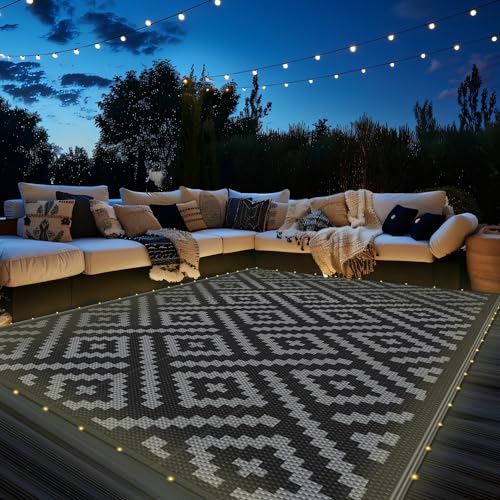 GENIMO Outdoor Rug with LED Strip Lights, 8'x10' Waterproof Camping Mat, Reversible Plastic Straw Rugs for Patio, RV, Camper, Balcony, Backyard, Picnic, Deck, Black & Gray - color: Black&gray | Led, size: 8' x 10' (Rectangular)