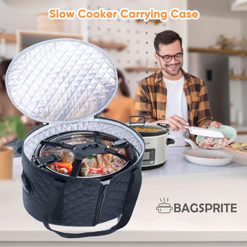 BAGSPRITE Slow Cooker Carrying Case Compatible with 6-8 Quart Crockpot Carrier for Hot Food and Hamlton Beach Slow Cooker Tote with Lid Fastener for Crock-pot Dust Cover Applicances - color: Black