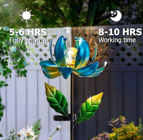 Solar Yard Lights Wind Spinners- Metal Lotus Flower Garden Decor LED Crackle Glass Globe Yard Art Sculpture Solar Stake Lights for Patio Pathway Lawn Walkway - color: Blue