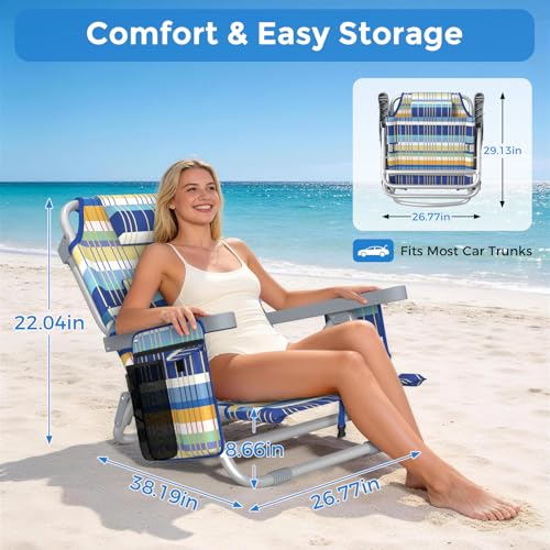 5-Position Backpack Beach Chair for Adults with Lumbar, Foldable Tall Heavy-Duty Beach Chairs with Cooler Bag,Cup Holder,Towel Rack for Beach, Camping, Outdoor (1, RainbowBlue&Orange) - color: Rainbowblue&orange, size: 1 pack