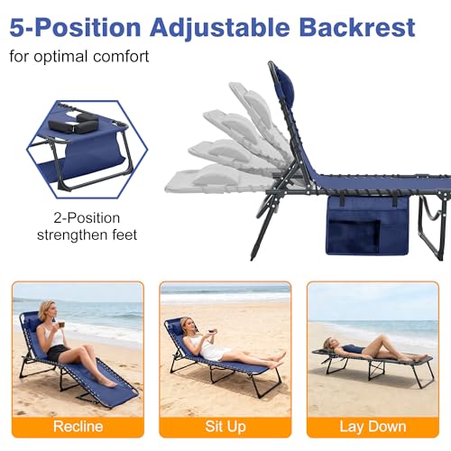 Face Down Chaise Lounge Chair Set of 2, 5-Position Adjustable Sunbathing, Foldable Tanning Chair with Face& Arm Holes, Outdoor Recliner Chair for Pool, Beach, Patio, Lawn (Dark Blue, 2 Pcs) - color: Navy Blue&hole