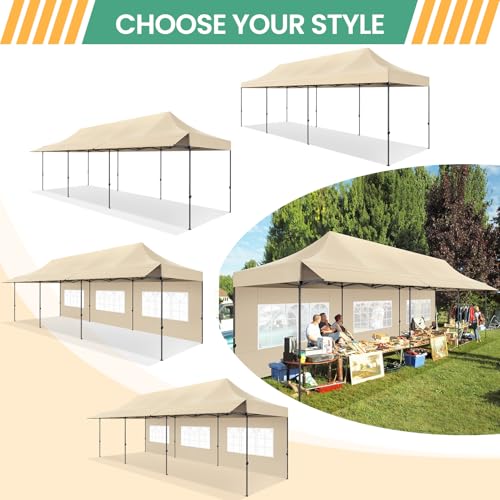 COBIZI 10x30 Pop Up Canopy Tent with Awning & Sidewalls, Heavy Duty Commercial 10X30 Canopy Tents Instant Waterproof, UPF 50+ Sun Shade for Outdoor, Parties, Markets (Khaki) - color: Khaki, size: 10x30FT with 5 Sidewalls & 3 Awning Cloth