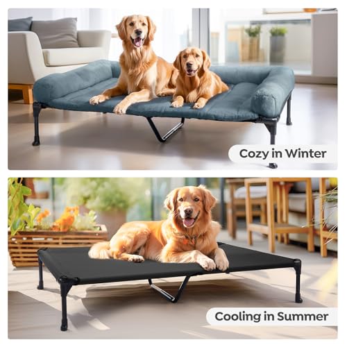 Veehoo Orthopedic Elevated Dog Bed with Fluffy Plush Bolster Cushion, Indoor Raised Dog Beds for Large Dogs, Soft Pet Sofa Cot with Removable Washable Mat, No-Slip Feet, 49 x 33 inches, Haze Blue - color: Haze Blue, size: 49.0"L x 33.0"W x 9.0"Th