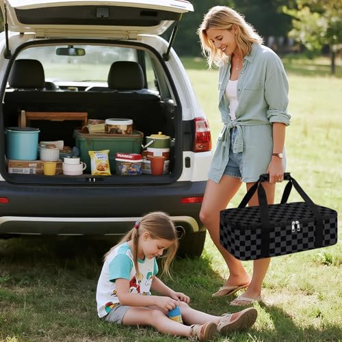Coobiiya Insulated Casserole Carrier,Lasagna Lugger Tote Keeps Food Hot or Cold,Thermal Lunch Bag Warmer & Cooler Carrier Bag,Portable Tote Bag Fits 9" x 13" Baking Dish for Picnic and Cookout - color: Black Grid, size: Single Layer: 15.75 × 11.8 × 4.7 in