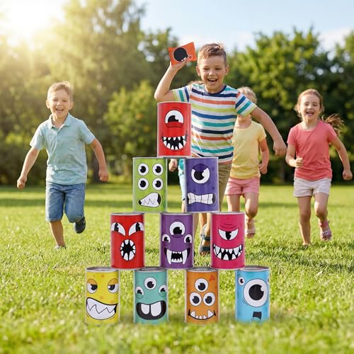 JOYIN 13 Pcs Carnival Bean Bag Toss, Knockdown Can Game Set, Holiday & Birthday Party Games, Outdoor Lawn Yard Activity for Kids Party Favors, Easter Egg Hunt for Classroom Gifts (Monster Style) - style: Monster