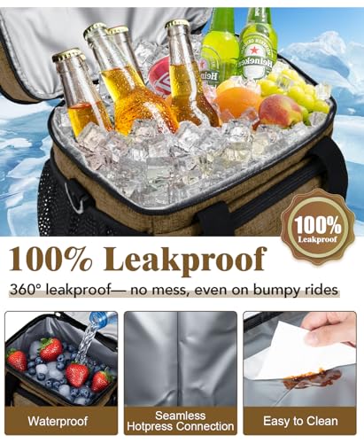 Insulated Lunch Bag for Men & Women, Double Leakproof Lunch Box Soft Cooler Tote with 5 Pockets, 600D Oxford, EVA Lining, Adjustable Strap for Work, Picnic, Beach&Travel-Coffee - color: Coffee, size: Double