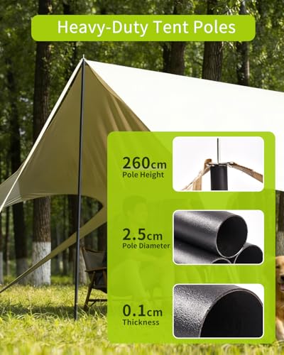 Camping Tarp with Poles, No Rope Tying 2-Step Setup, 11x18FT Waterproof 10-12 Person Tarp Shelter, 22ft² 2.6m Height 210D Oxford Family SUV Park Beach Outdoor Sun Shelter, Beige - color: Beige
