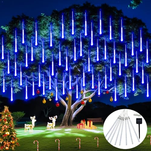 JMEXSUSS Solar Christmas Lights Outdoor, 8 Tube 144 LEDs Solar Meteor Shower Lights Outdoor, Hanging Blue Christmas Light for Tree Icicle Garden Yard Patio Gazebo Party Xmas Decor - color: Blue, size: 1*144LED
