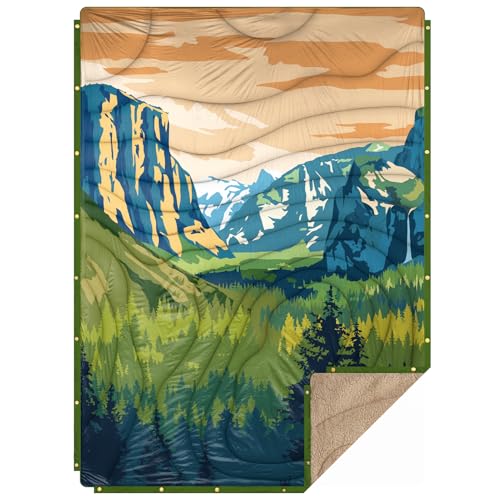 Outdoor Camping Blanket with Sherpa Lining, Extra Warm Thick Camp Blankets and Puffy Ultralight Soft Poncho DWR Camping Quilt for Cold Weather, Adventure, Sleeping, Backpacking 78"x 56" - color: Green Sierra Nevada, size: 78 x 56 inches