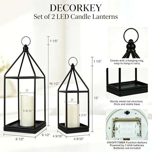 Lantern Decorative Indoor&Outdoor, 18’’&14’’ Large Black Metal Candle Lanterns Decor, Vintage Hanging Holders for Home Porch Wedding Centerpiece, Spring Farmhouse Decorations - color: 18‘’ + 14‘’ / Timer