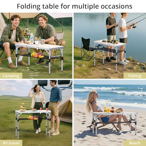 Anbte Folding Camping Table with Storage Net, 3ft Camping Table Aluminum Folding Table with 3 Adjustable Height Max 27.1 Inch, Portable, for Outdoor Backyard BBQ, Silver - color: Silver