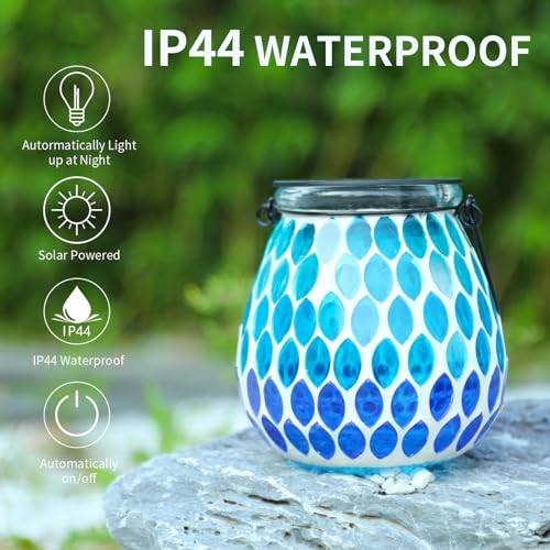 Afirst Mosaic Solar Lanterns - Glass Hanging Lights Hollow Out Waterproof Decorative for Garden, Patio, Holiday Party Outdoor Decoration, Blue-C, 5009420 - style: Ocean Blue