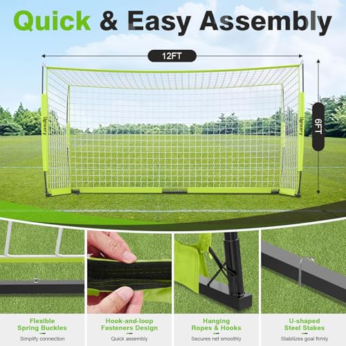 Portable Soccer Goal, Detachable 12x6 FT Soccer Goals Net for Backyard, Quick Setup Training Equipment with 1 Carry Bag, 12 Training Cones - color: Green