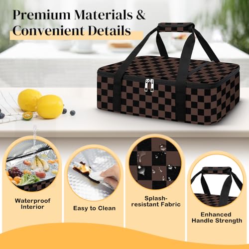 Coobiiya Insulated Casserole Carrier,Lasagna Lugger Tote Keeps Food Hot or Cold,Thermal Lunch Bag Warmer & Cooler Carrier Bag,Portable Tote Bag Fits 9" x 13" Baking Dish for Picnic and Cookouts - color: Brown Grid, size: Single Layer: 15.75 × 11.8 × 4.7 i