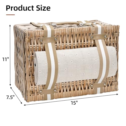 G GOOD GAIN Picnic Basket for 2 - Wicker Picnic Set with Waterproof Blanket| Large Picnic Hamper with Insulated Cooler & Cutlery Kit for Couples Camping,White Flower,15x11x7.5inch - color: White Flower
