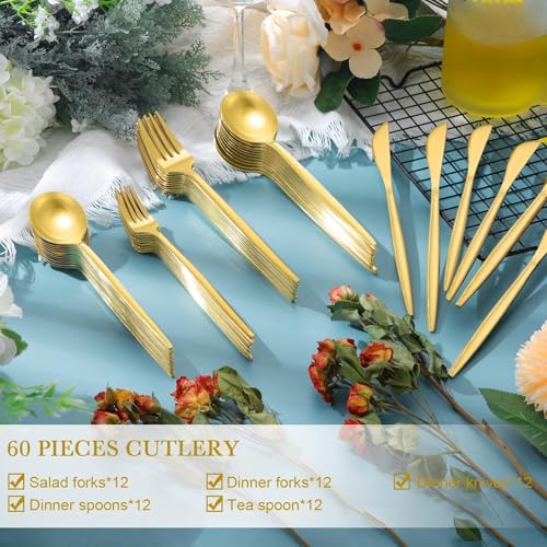60 Pieces Stainless Steel Tableware Set Silverware Set Flatware Cutlery Utensils Spoon Fork Knives Service for 12 for Home Restaurant Apartment and Kitchens(Gold) - color: Gold