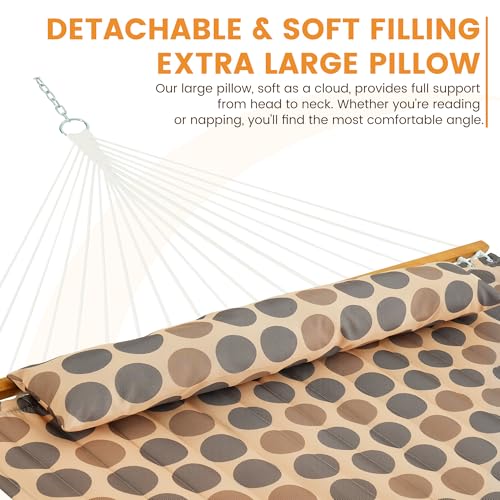 Lazy Daze Hammocks 12FT Quilted Fabric Hammock with Soft Pillow, Double 2 Person Tree Hammock with Spreader Bar for Outside Patio Poolside Backyard Beach, 450 lbs Capacity, Amber Dots - color: Amber Dots