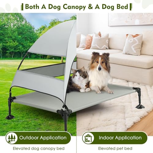 Upgraded Elevated Dog Bed with Canopy, Portable Raised Outdoor Dog Bed with Stable Anti-Slip Feet, Removable Wider Shade, Raised Dogs Cot for Large Pets Camping, Indoor & Outdoor Use - color: Dog Canopy-Grey, size: 42.0"L x 30.0"W x 33.0"Th